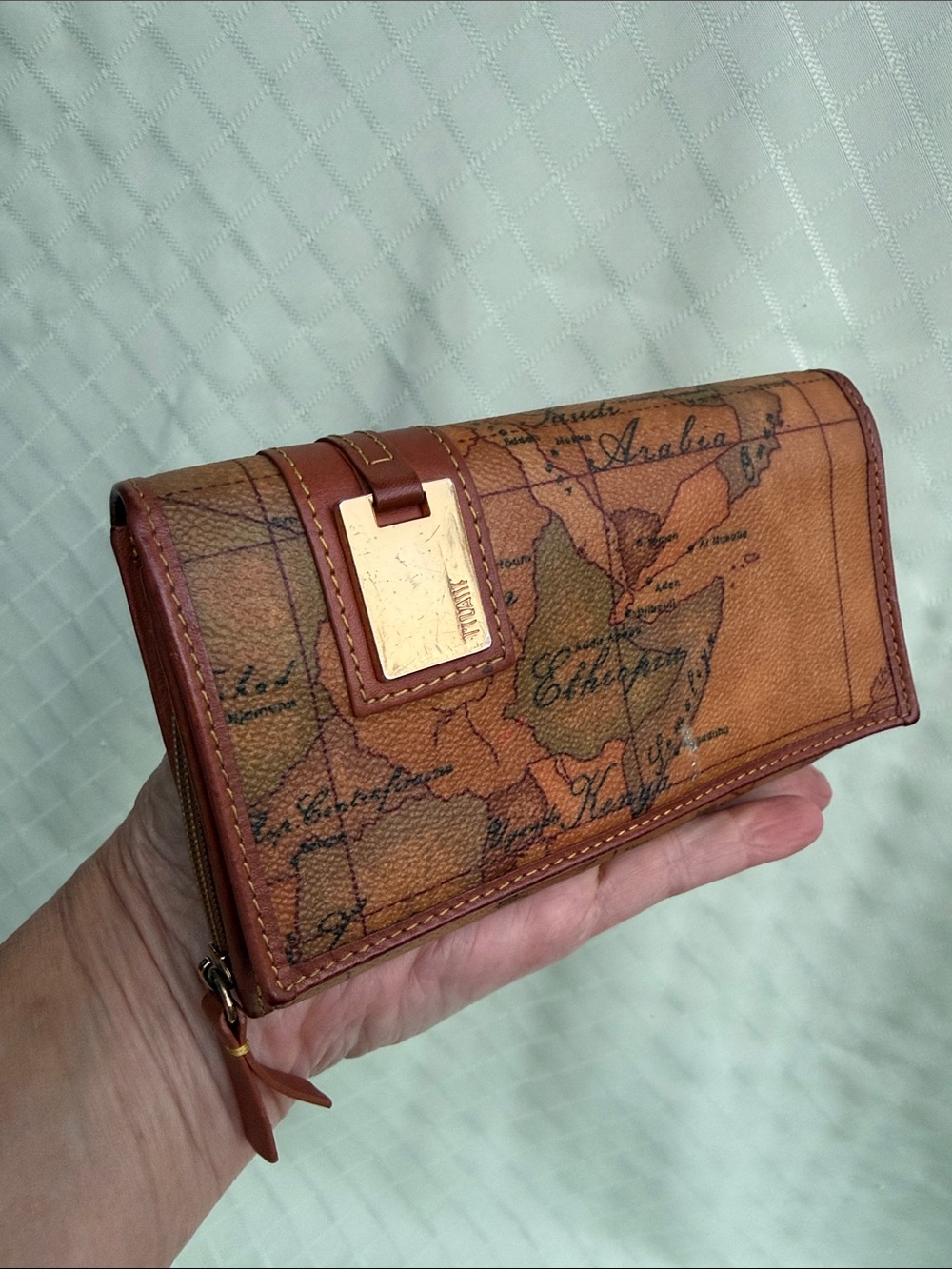 Vintage Alviero Martini Map-Print Wallet in Orange and Brown with Gold Plate